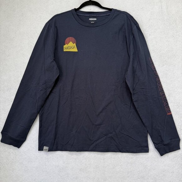 HOKA ONE ONE Shirt Mens Large Navy Blue Long Sleeve Graphic Running Trail Logo - Picture 1 of 9